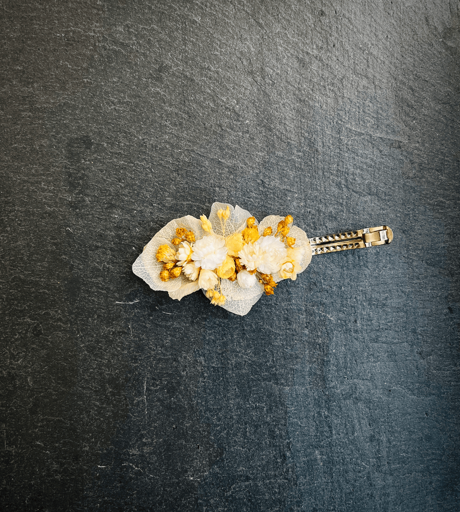 Barrette fleur séchées tons blanc et jaune