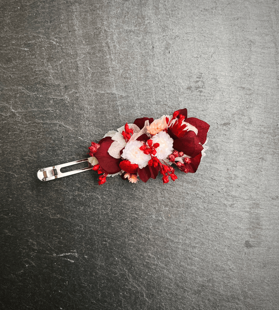 Barrette fleurs séchées blanche et bordeaux