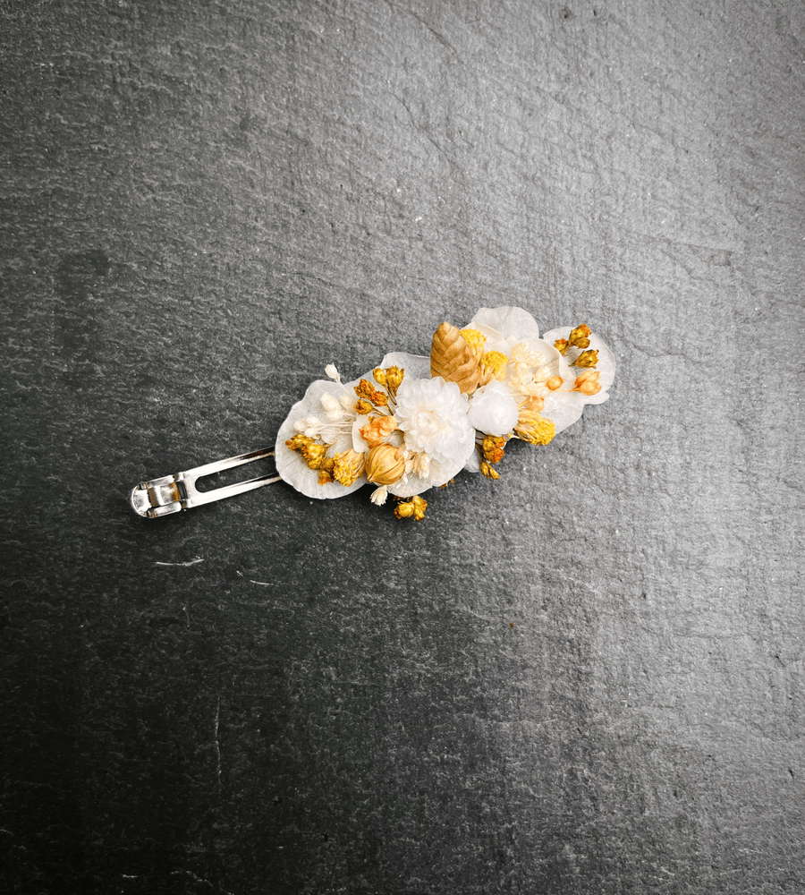 Barrette fleurs séchées blanche et jaune