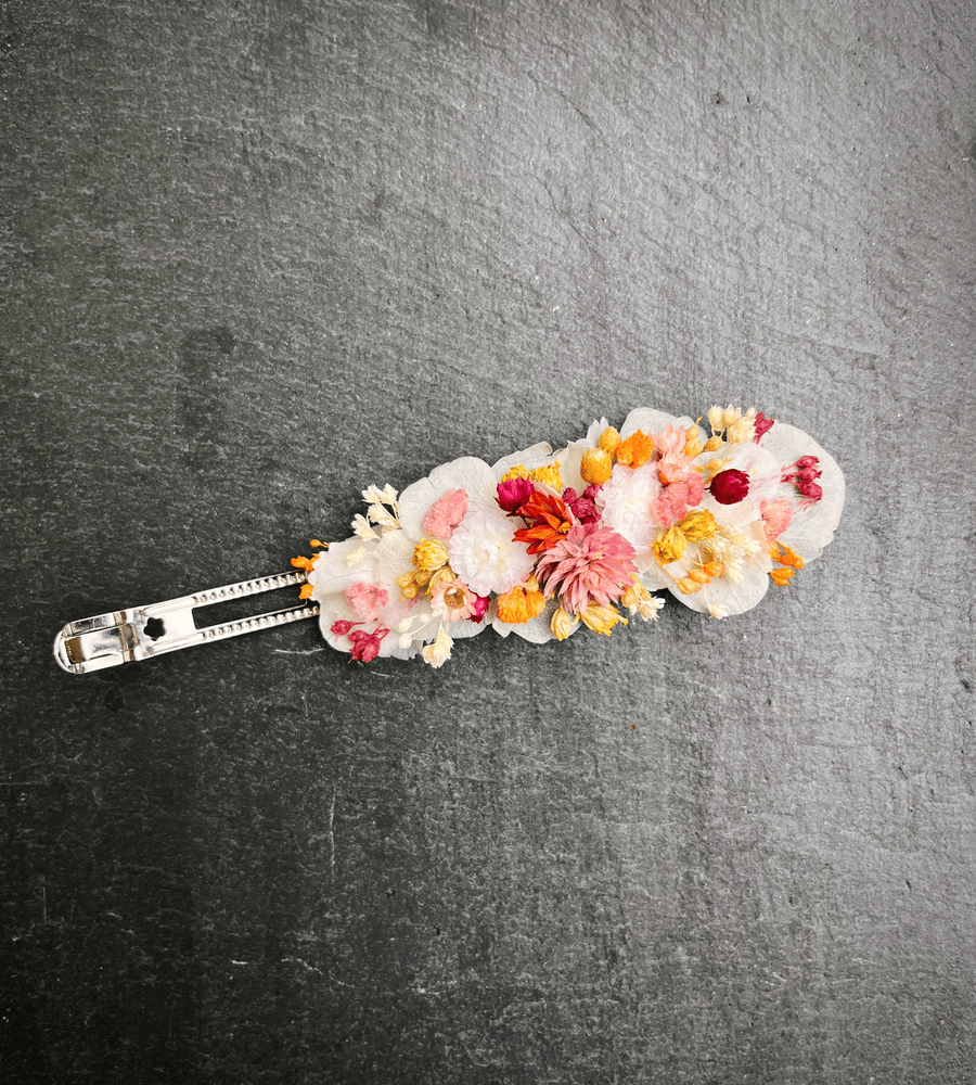 Grande barrette fleurs séchées blanche et colorée